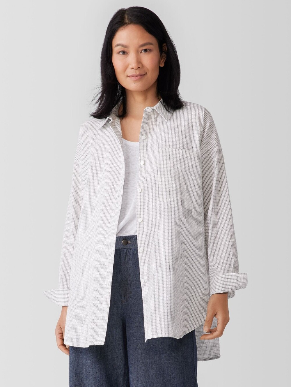 Eileen Fisher Organic Cotton Ripple Checkered Grid Button Down Shirt Size Large